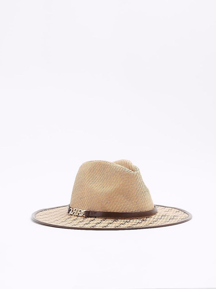 River Island Brown Monogram Straw Fedora Hat - Image 2 of 3