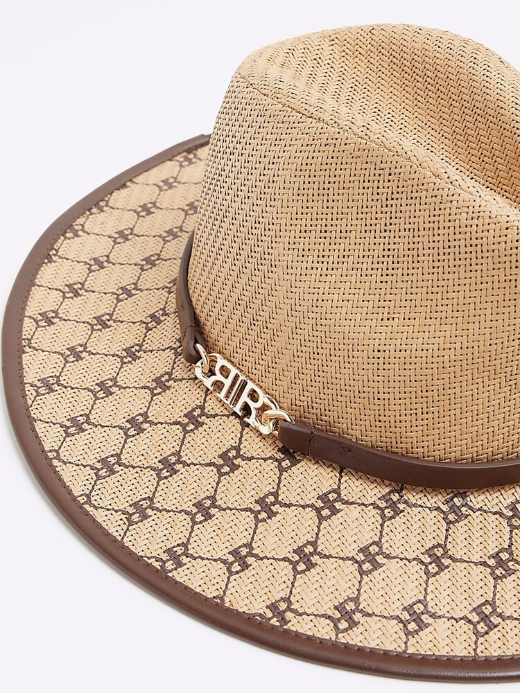River Island Brown Monogram Straw Fedora Hat - Image 3 of 3
