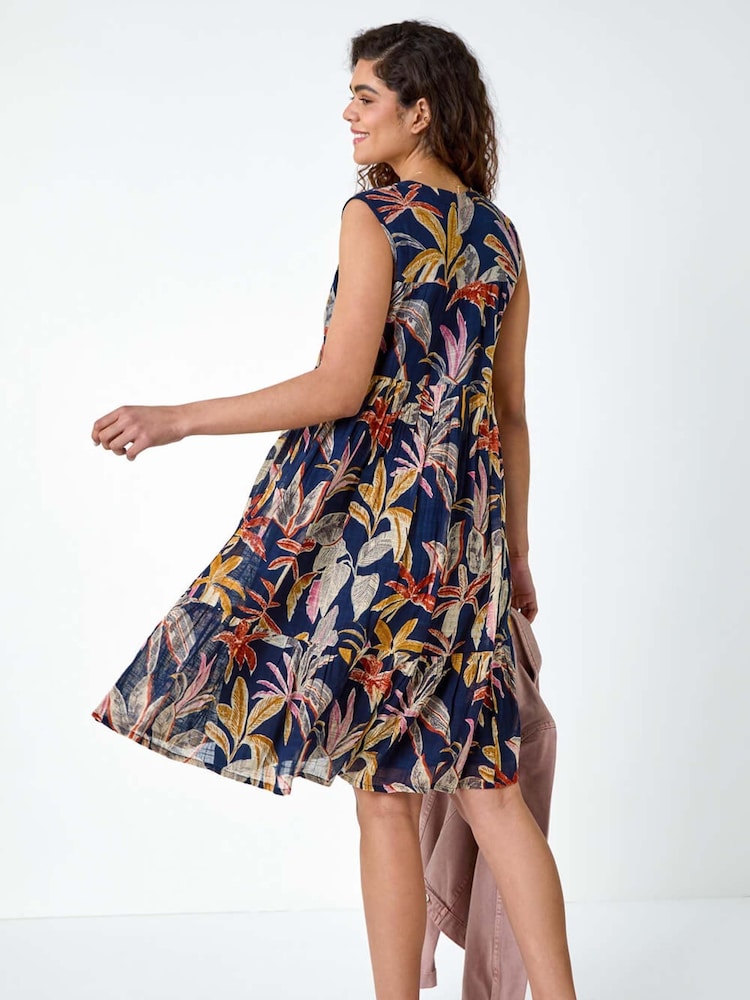 Roman Blue 100% Cotton Tropical Lace Detail Tiered Dress - Image 3 of 5