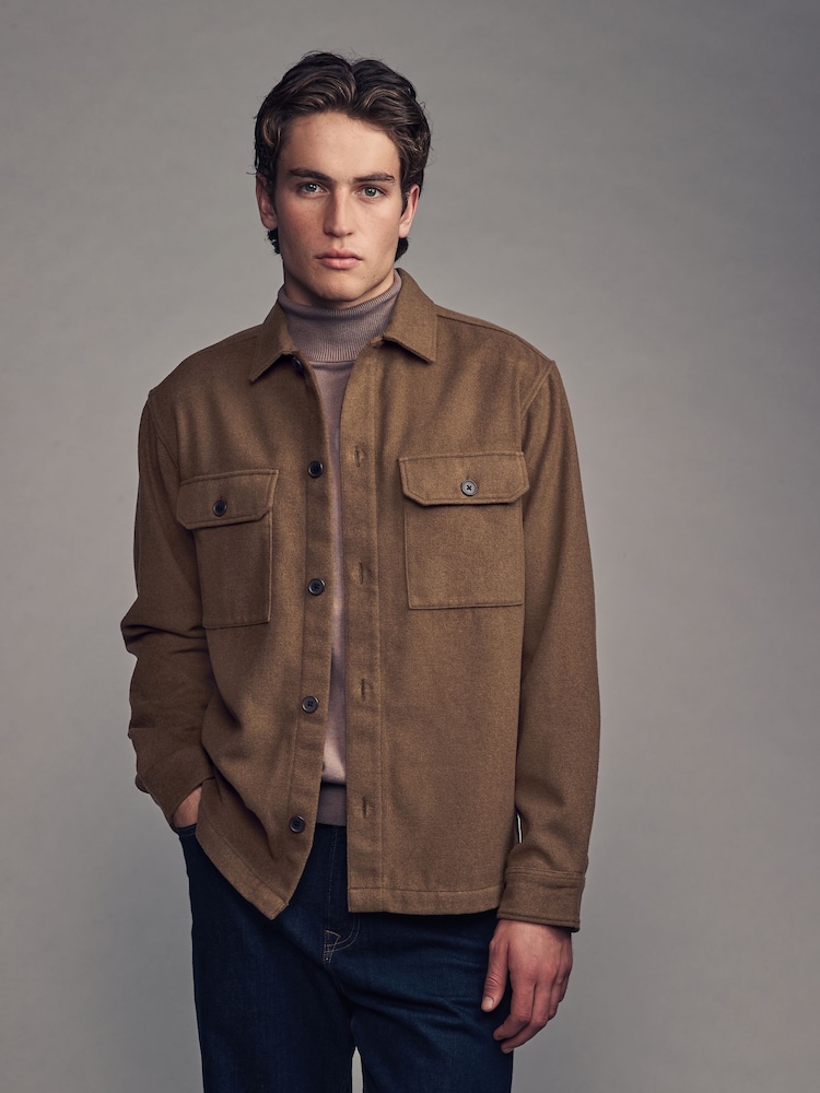 Tan Brown Twin Pocket Shacket Overshirt with Wool - Image 1 of 8