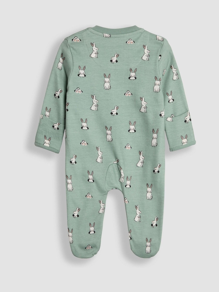 JoJo Maman Bébé Green Bunny Print Zip Cotton Baby Sleepsuit - Image 2 of 6