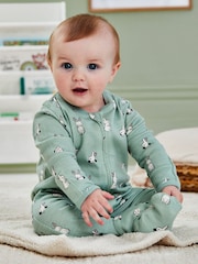 JoJo Maman Bébé Green Bunny Print Zip Cotton Baby Sleepsuit - Image 3 of 6