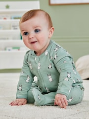 JoJo Maman Bébé Green Bunny Print Zip Cotton Baby Sleepsuit - Image 4 of 6