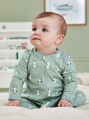 JoJo Maman Bébé Green Bunny Print Zip Cotton Baby Sleepsuit - Image 5 of 6