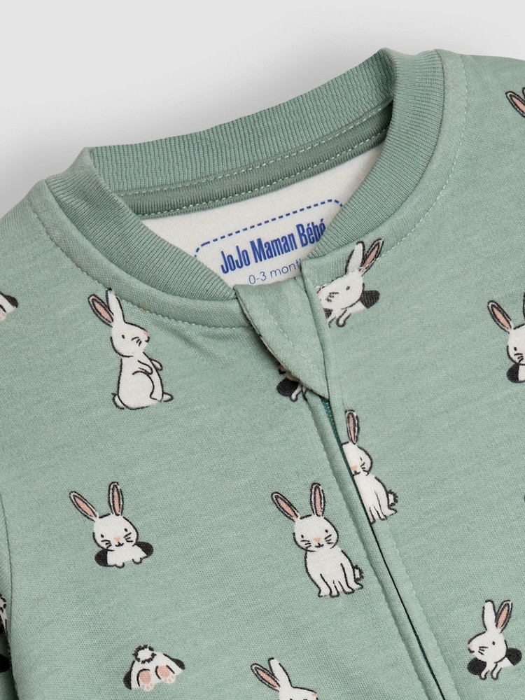 JoJo Maman Bébé Green Bunny Print Zip Cotton Baby Sleepsuit - Image 6 of 6