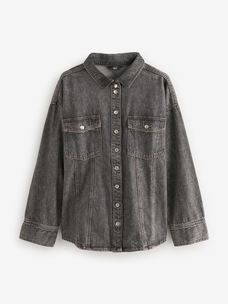 Washed Black Seam Front Denim Shirt - Image 7 of 7