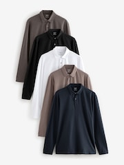 Black/White/Navy/Neutrals Long Sleeve Jersey Polo Shirts 5 Pack - Image 1 of 16