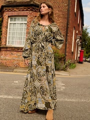 Khaki Green Gathered Tie Neck Volume Sleeve Maxi Dress - Image 1 of 7