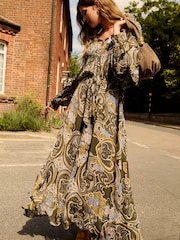 Khaki Green Gathered Tie Neck Volume Sleeve Maxi Dress - Image 2 of 7