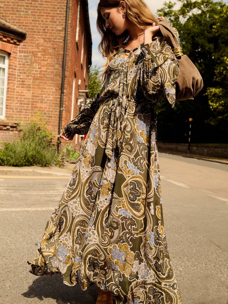 Khaki Green Gathered Tie Neck Volume Sleeve Maxi Dress - Image 2 of 7