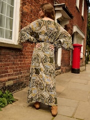 Khaki Green Gathered Tie Neck Volume Sleeve Maxi Dress - Image 3 of 7