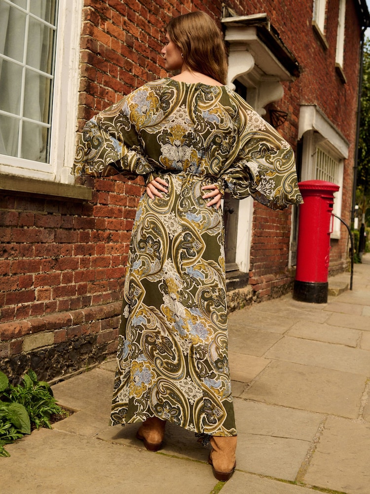 Khaki Green Gathered Tie Neck Volume Sleeve Maxi Dress - Image 3 of 7