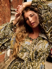 Khaki Green Gathered Tie Neck Volume Sleeve Maxi Dress - Image 4 of 7
