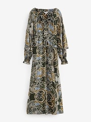 Khaki Green Gathered Tie Neck Volume Sleeve Maxi Dress - Image 5 of 7