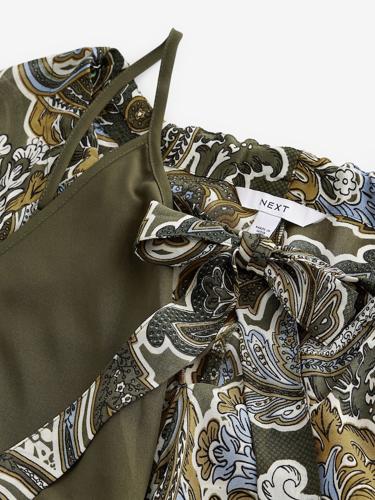 Khaki Green Gathered Tie Neck Volume Sleeve Maxi Dress - Image 6 of 7
