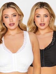 Yours Curve Black Lace Trim Front Fastening Bra 2 Pack - Image 1 of 3
