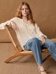 Ivory White Long Sleeve Metallic Tie Neck Blouse - Image 1 of 6