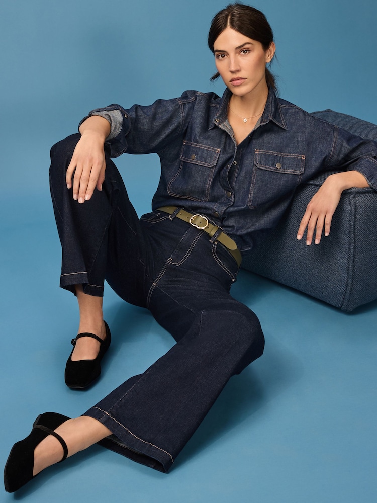 Rinse-Waschung, Blau - Übergroßes Denim-Hemd aus 100% Baumwolle mit Print - Bild 2 von 6