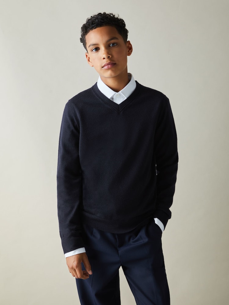 Reiss Navy Earl 9-13 yrs Merino Wool V-Neck Jumper - Image 1 of 4