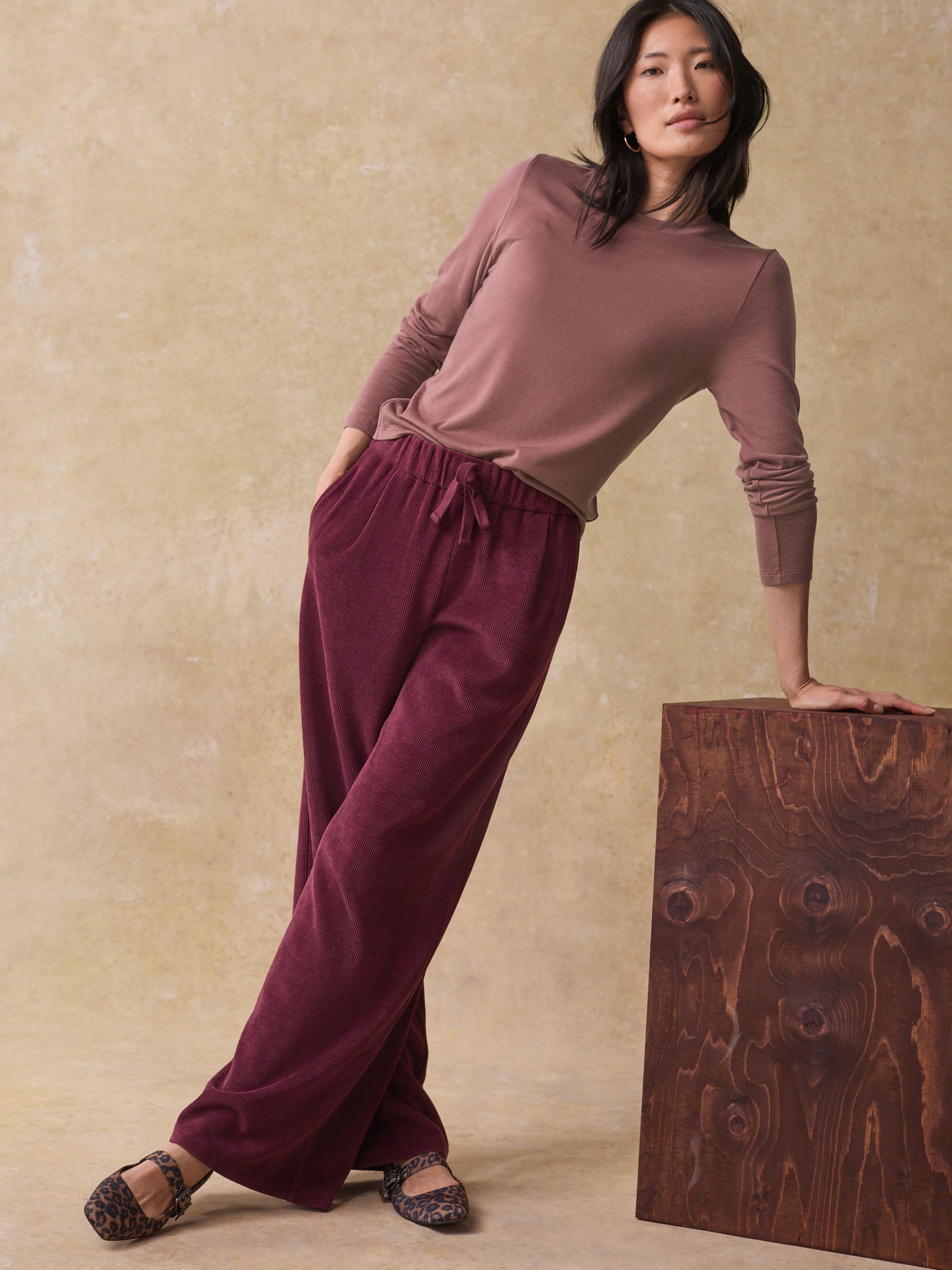Buy Burgundy Pull On Wide Leg Corduroy Trousers from the