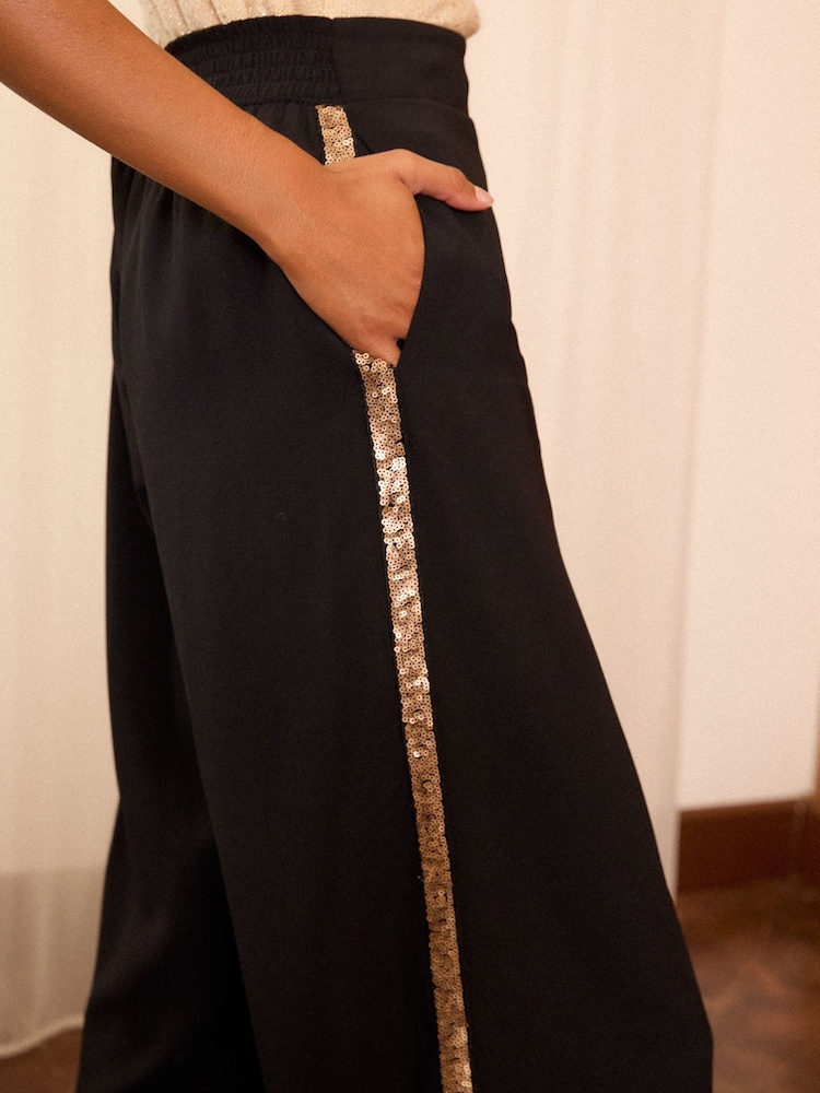Love & Roses Black Petite Sequin Side Stripe Wide Leg Trousers - Image 2 of 4