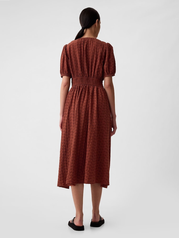 Gap Brown Puff Sleeve Button Front Broderie Midi Dress - Image 2 of 5