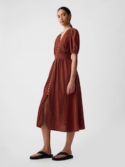 Gap Brown Puff Sleeve Button Front Broderie Midi Dress - Image 3 of 5