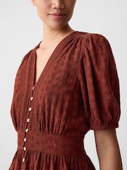 Gap Brown Puff Sleeve Button Front Broderie Midi Dress - Image 4 of 5