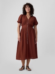 Gap Brown Puff Sleeve Button Front Broderie Midi Dress - Image 5 of 5