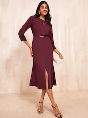 Friends Like These Burgundy Red Tulip Sleeve Belted Flute Hem Dress - Image 1 of 4