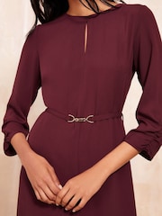 Friends Like These Burgundy Red Tulip Sleeve Belted Flute Hem Dress - Image 2 of 4