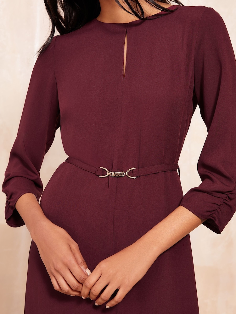 Friends Like These Burgundy Red Tulip Sleeve Belted Flute Hem Dress - Image 2 of 4