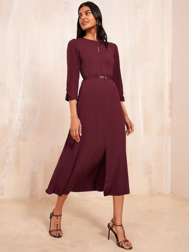 Friends Like These Burgundy Red Tulip Sleeve Belted Flute Hem Dress - Image 3 of 4
