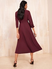 Friends Like These Burgundy Red Tulip Sleeve Belted Flute Hem Dress - Image 4 of 4
