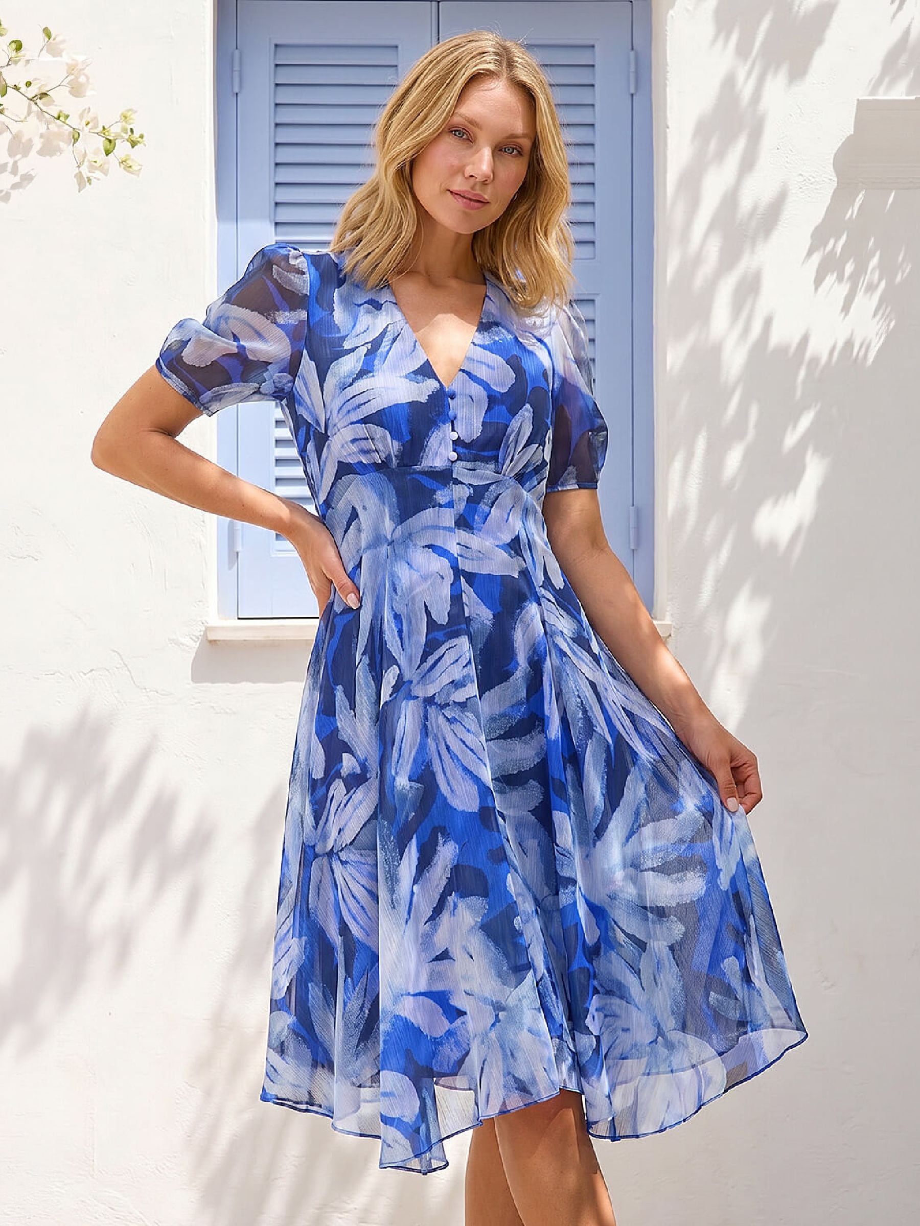 Roman Originals Women's Blue Roman Abstract Floral Hanky Hem Dress - Image 4