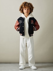 Reiss Navy Ward 13-14 yrs Hybrid Cord-Faux Leather Varsity Bomber Jacket - Image 4 of 5