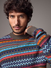 Multi/Dark Stone Crew Neck Regular Fit Fairisle Pattern Jumper with Wool - Image 1 of 8