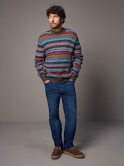 Multi/Dark Stone Crew Neck Regular Fit Fairisle Pattern Jumper with Wool - Image 2 of 8