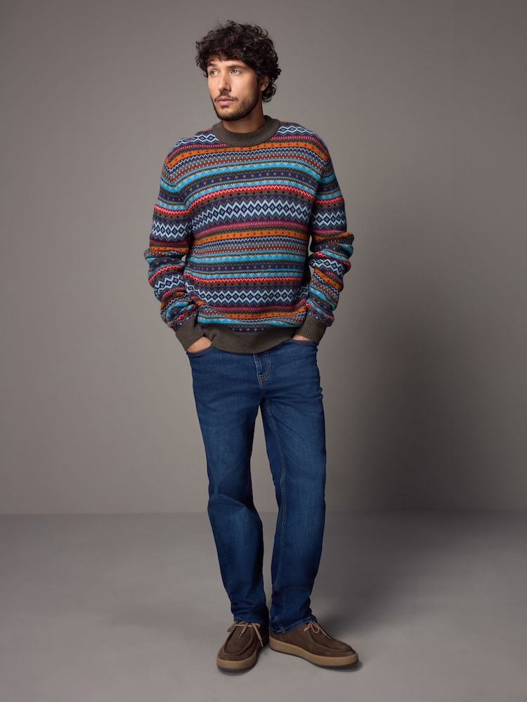 Multi/Dark Stone Crew Neck Regular Fit Fairisle Pattern Jumper with Wool - Image 2 of 8