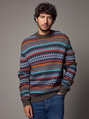 Multi/Dark Stone Crew Neck Regular Fit Fairisle Pattern Jumper with Wool - Image 4 of 8