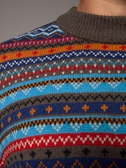 Multi/Dark Stone Crew Neck Regular Fit Fairisle Pattern Jumper with Wool - Image 5 of 8