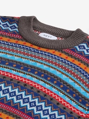 Multi/Dark Stone Crew Neck Regular Fit Fairisle Pattern Jumper with Wool - Image 7 of 8