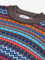 Multi/Dark Stone Crew Neck Regular Fit Fairisle Pattern Jumper with Wool - Image 8 of 8
