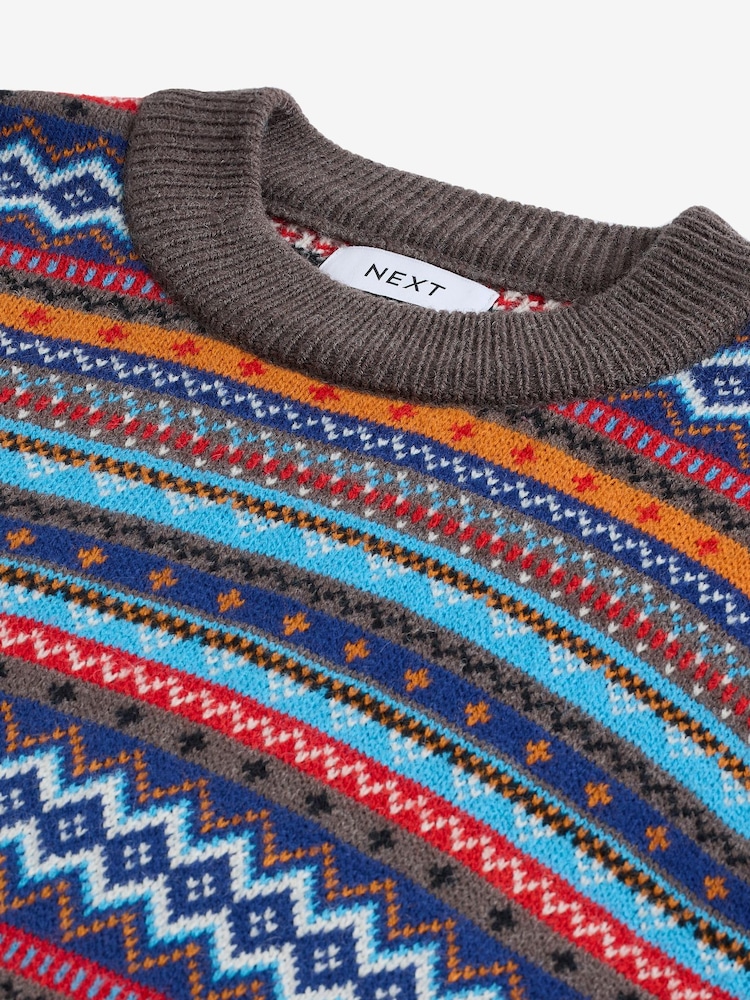 Multi/Dark Stone Crew Neck Regular Fit Fairisle Pattern Jumper with Wool - Image 8 of 8