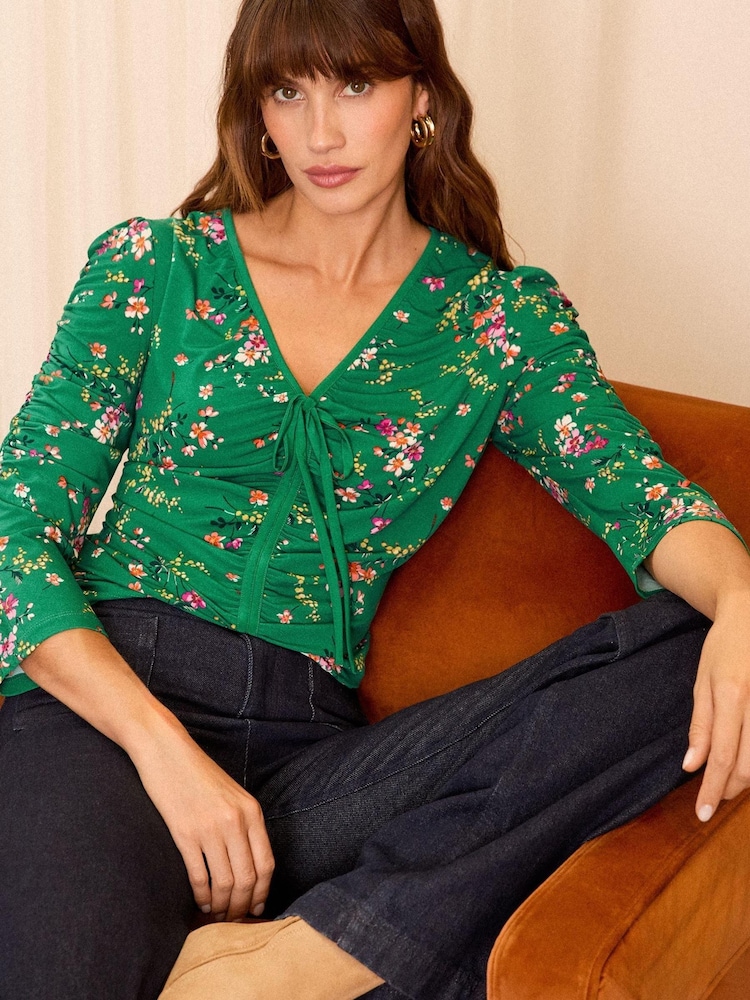 Love & Roses Green Floral Ruched Front Jersey Blouse - Image 1 of 4