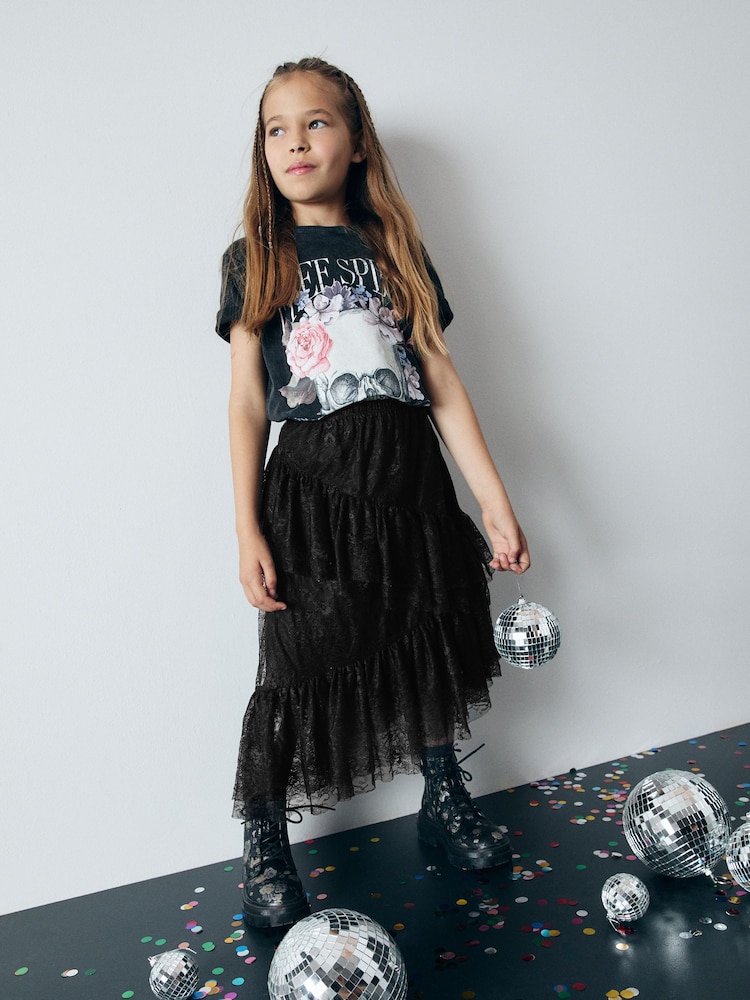 Black Lace Tiered Skirt (3-16yrs) - Image 1 of 8