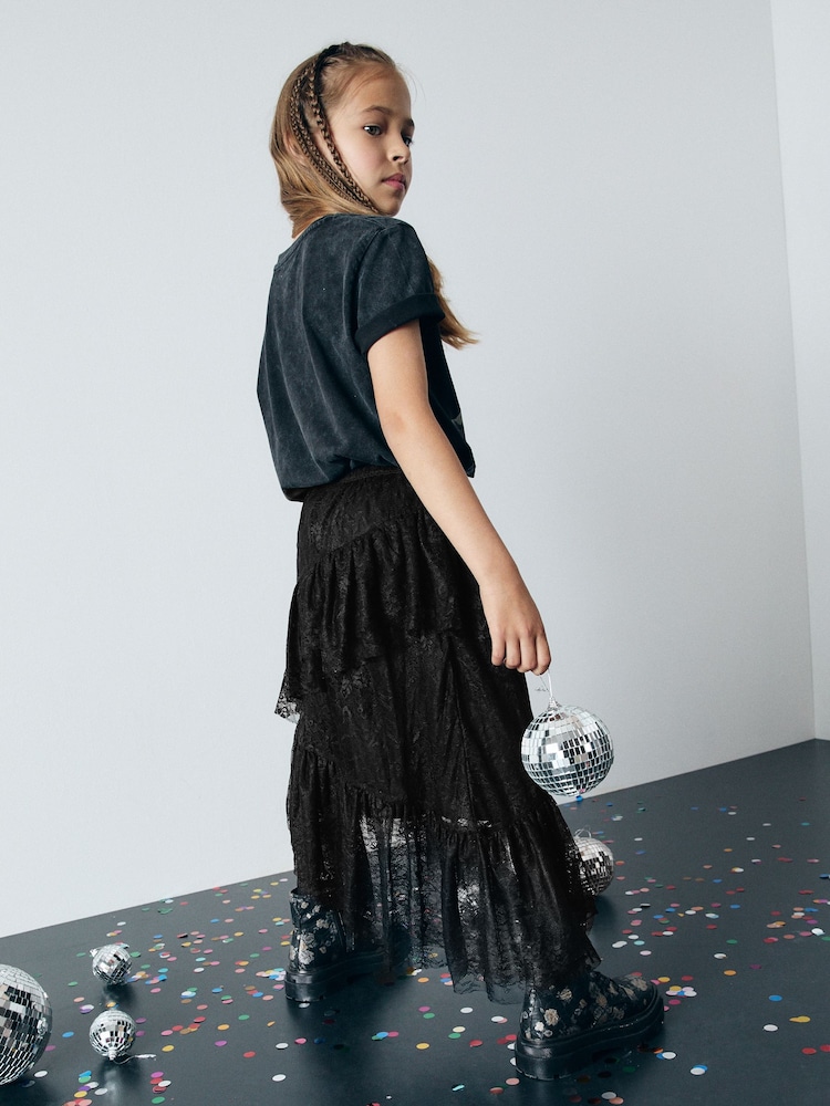 Black Lace Tiered Skirt (3-16yrs) - Image 2 of 8