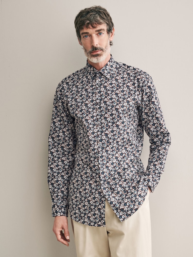 Chocolate Brown Floral Slim Fit Signature Single Cuff 100% Cotton Formal Shirt - Image 1 of 8
