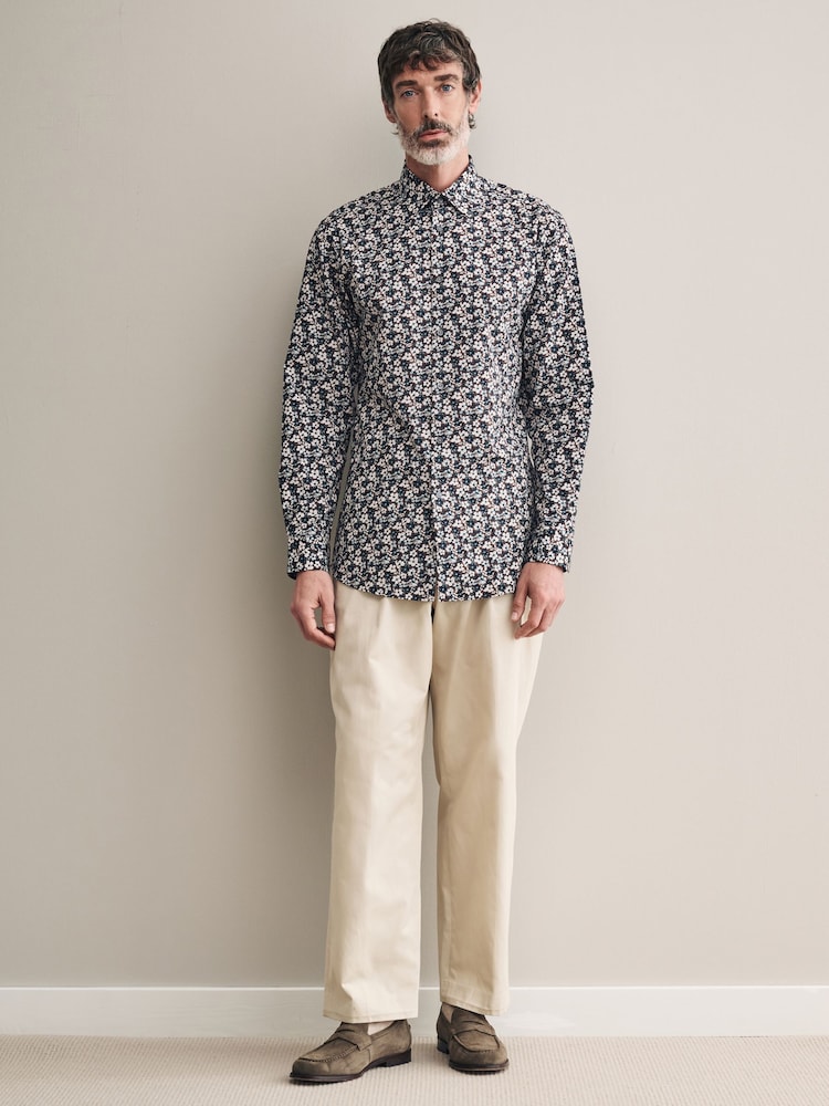 Chocolate Brown Floral Slim Fit Signature Single Cuff 100% Cotton Formal Shirt - Image 2 of 8