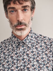 Chocolate Brown Floral Slim Fit Signature Single Cuff 100% Cotton Formal Shirt - Image 4 of 8
